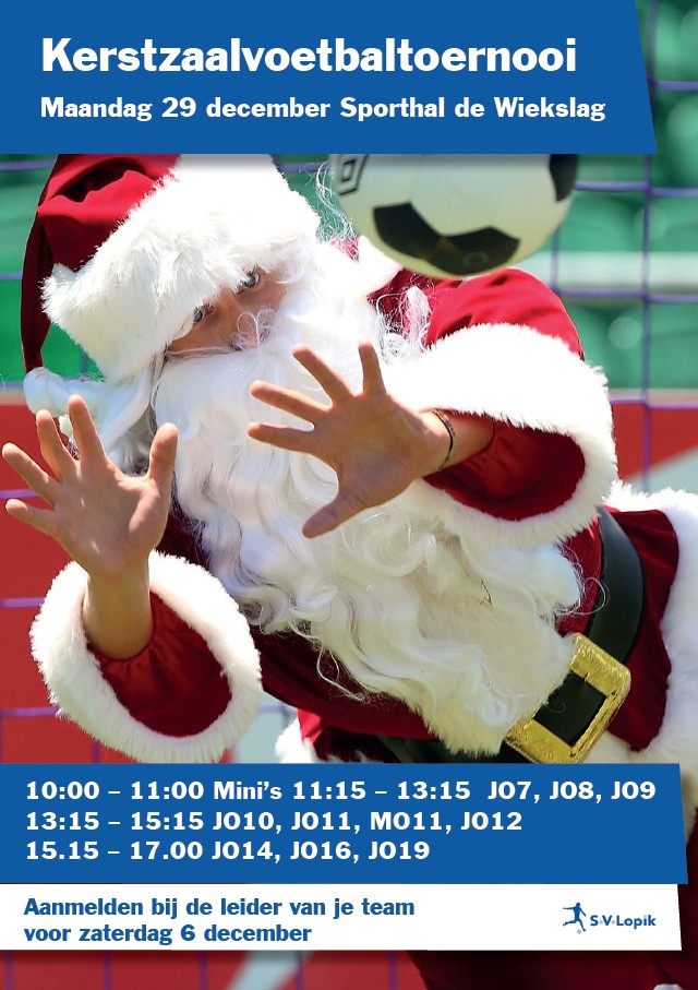 Kerstzaalvoetbaltoernooi voor de jeugd op maandag 29 december